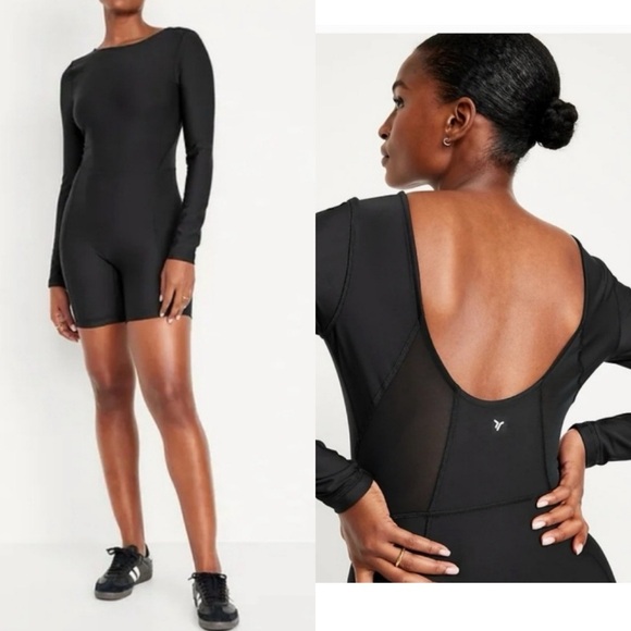 Old Navy Active PowerSoft Long-Sleeve Bodysuit Black Mesh Panels Size Medium - Picture 1 of 12